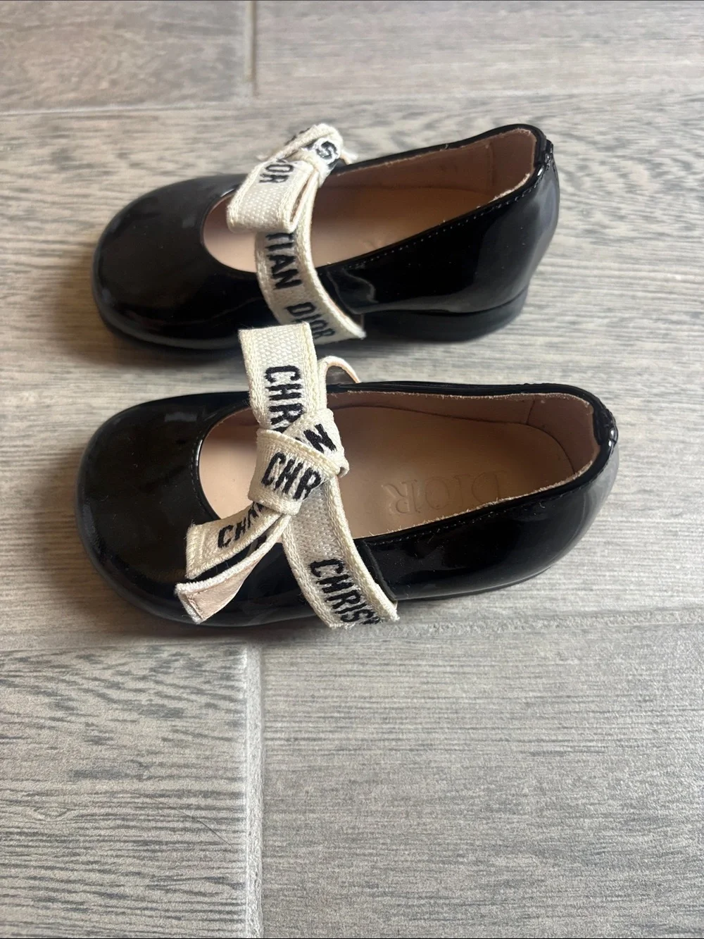 Dior Black Patent Girls' calfskin Mary Jane with Logo Bow Strap